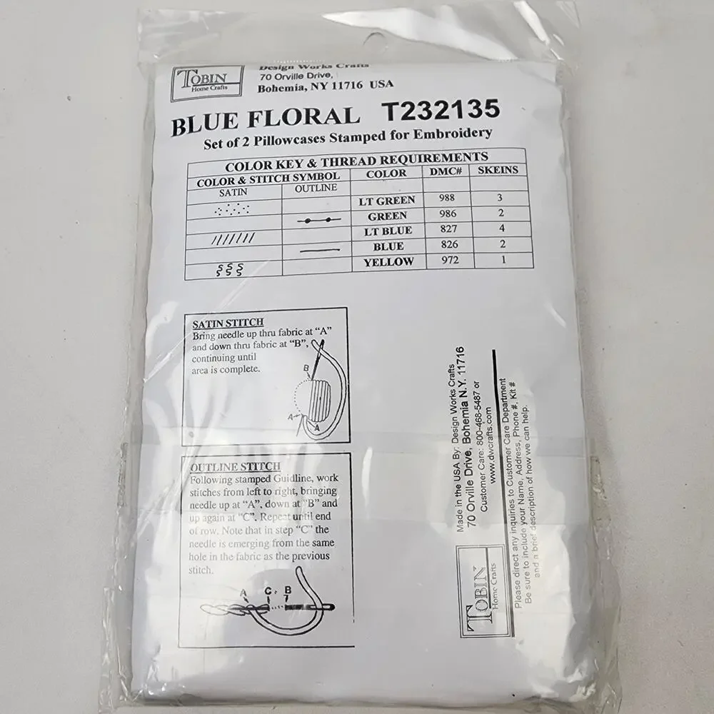 Design Works Crafts #T232135 “Blue Floral” Embroidery Stamped Pillowcases Kit